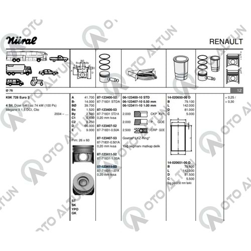 PİSTON+SEGMAN K9K +1,00mm -20 KISA MGN II 100 HP **TAKIM**